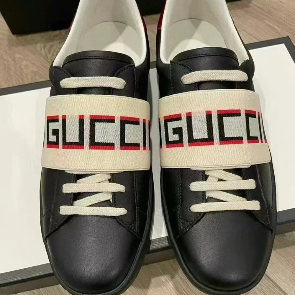 NIB Authentic Gucci Calfskin Stripe Mens New Ace Sneakers Crop Ecru Black - Picture 3 of 5